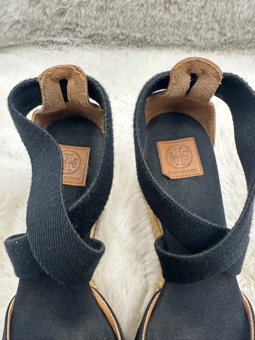 Tory Burch Frieda Espadrille Wedge‎ Sandals Black Strappy Ankle Tie Size 6